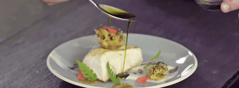 Pan fried Halibut with Cauliflower and Cumin Puree with Chive Bhaji & Rhubarb and Chilli Chutney