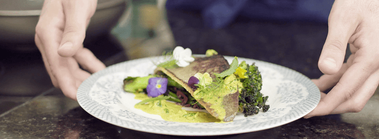 Pan fried Trout with Fragrant curry sauce and blackened sprouting broccoli