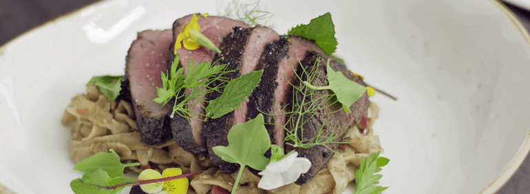 Cumin Spiced Venison with handmade noodles, chilli pepper sauce & Seasonal Leaves