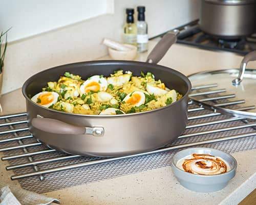 Anolon Advanced+ Umber range of hard anodized cookware is dishwasher safe & oven safe. Triple layer non-stick provides maximum food release. Time to find your happy place with our professional kitchen cookware.